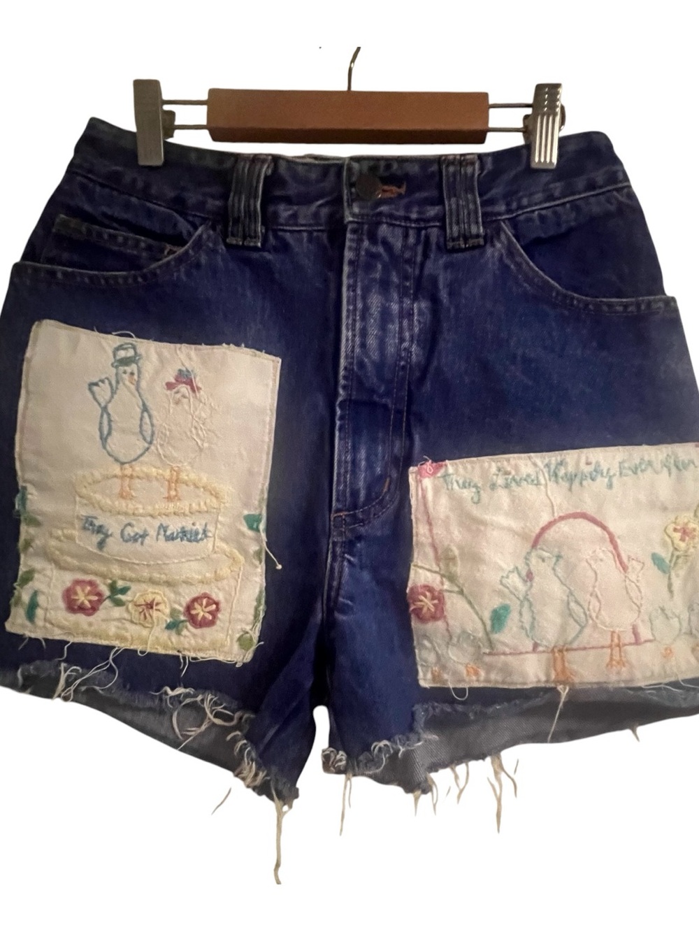 Vintage Dark Blue Denim Shorts with Embroidered Patchwork